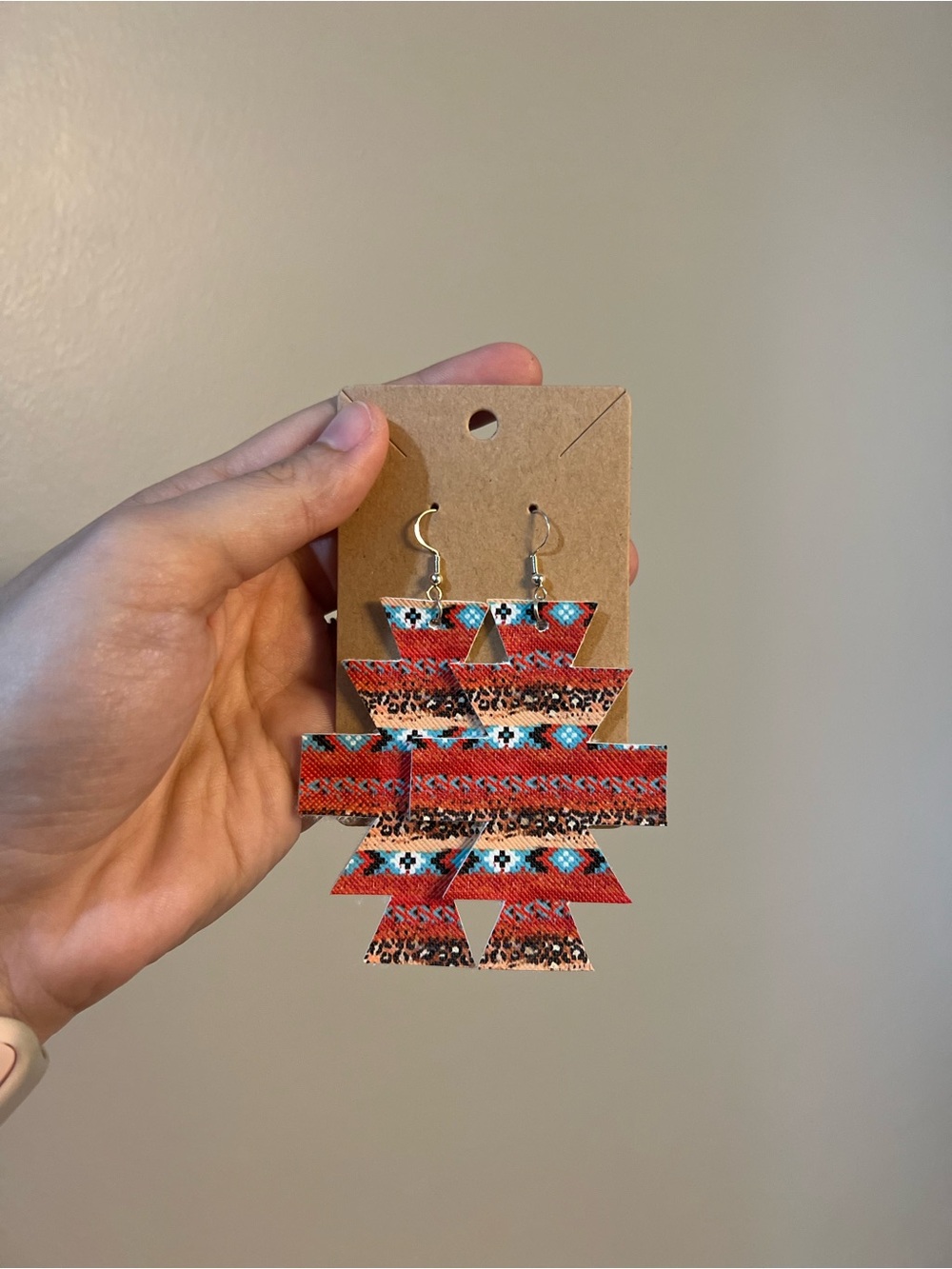 Handmade Southwestern Aztec Print Faux Leather Dangle Earrings